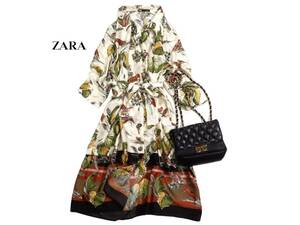 ザラ ZARA 大人素敵スタイル☆ 微光沢 鳥 ボタニカルプリント スキッパー ウエストマーク ロングワンピース L