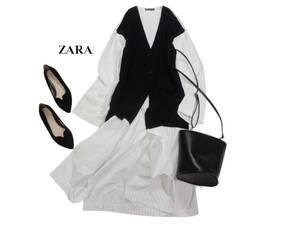 ザラ ZARA 大人可愛い☆ 異素材切り替え ストライプ スリット ロングカーディガン チュニックワンピース M