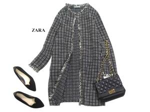 ザラ ZARA BASIC 大人素敵スタイル☆ ラメ ツイード フリンジ 格子柄 ロングガウンコート 羽織 コーディガン S