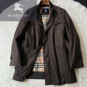 e4水鳥天然ダウン!!定価15万●超美品BURBERRY LONDON●高級ダウンジャケットコート●ノバチェックライナー●メンズ　バーバリーコート LL