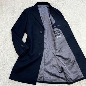 ミツミネ【繊維の宝石・カシミヤ100】MITSUMINE SERGIO BALESTRINO チェスターコート　ロングコート　カシミア　ヘリンボーン ネイビー M