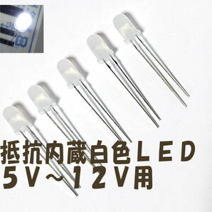 １２Ｖ （５ＶからＯＫ） 直接接続用 白 LED ５ｍｍ ５個セット 抵抗内蔵 ５ｍｍＬＥＤ １２Ｖ 白色 抵抗内蔵で１２Ｖ直接接続OK 簡単