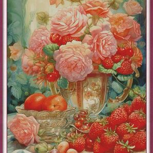 クロスステッチキット　アンティーク薔薇と苺(16CT、210色、図案印刷あり)
