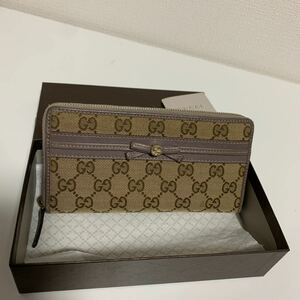 美品　GUCCI グッチ　リボン　キャンバス　ラウンドファスナー　ジッピーウォレット　長財布　箱付き