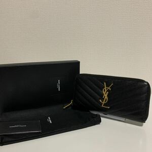 希少　美品　SAINT LAURENT サンローラン Vステッチ　ラウンドファスナー　長財布　YSL ブラック 