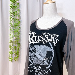 YH0189 美品〇 RUSS・K ユニセックス Tシャツ 長袖 レトロ M 黒 プリント 万能 男前 エスニック 春夏 