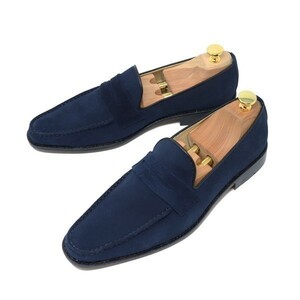 23.5cm men's hand made original leather suede Loafer slip-on shoes navy ma Kei made law Italian S300
