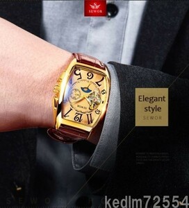 『超得』【大人気】Seworトゥールビヨン 自動機械式時計 メンズ デザイナー ムーンフェイズ 平方革 腕時計 自動日付 ビジネス 腕時計