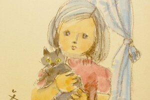 【董芸】女流画家 神戸 文子 筆 『ねこと少女』 4号 真作保証 ws120