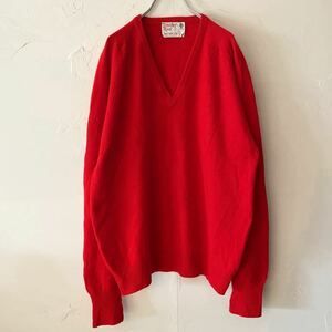ヴィンテージ アイルランド製 Pure Wool 100% Vネック ニット 3 ラグランスリーブ セーター XL 鮮やかな赤色 レッド ハイゲージ メンズ古着