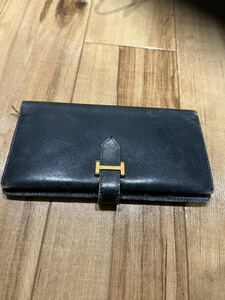 1円　エルメス HERMES 財布 ベアン レザー ネイビー金具 ゴールド ジャンク