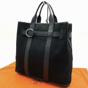 1円【美品】HERMES プティット サンチュール ファイル MM ハンドバッグ トートバッグ □K刻印 キャンバス レザー ブラック エルメス