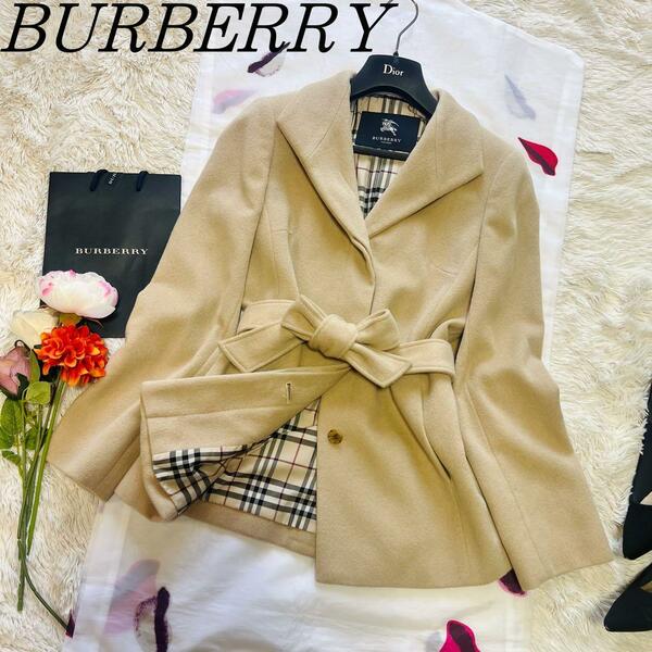 【良品】BURBERRY LONDON ミドル丈コート ベージュ 40 アンゴラ バーバリーロンドン L ベルト