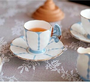 Aynsley エインズレイ　イギリス　洋食器　茶器　蝴蝶柄　蝶々　コーヒーカップ＆ソーサー　2点セット　お祝い　プレゼント　ブルー