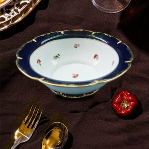 　Meissen マイセン スープ茶碗 　手作り　洋食器 レリーフ フラワーブーケ コバルト