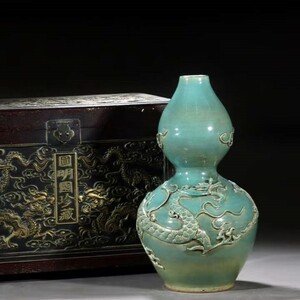元時代 緑釉 彫刻 龍文瓢形瓶 箱付き 唐物 陶磁器 中国美術 工芸品 高さ46cm 直径26.5cm CG05
