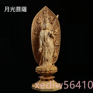 総檜材　仏教工芸品　木彫仏教　精密彫刻　極上品　仏師で仕上げ品　月光観音菩薩立像 高43.0cm