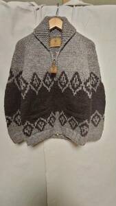 ★CANADIAN SWEATERカナディアンセーター革パッチダブルジップ雪柄ウールカウチンセーターMADE IN CANADA正規品サイズ40★