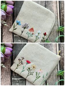 両面刺繍handmade野花の手刺繍 L字型ポーチ　カードケースやお財布にも！ハンドメイド　コットンリネン　プレゼントに！花柄刺しゅう