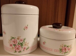  unused Showa Retro floral print horn low preservation container cover attaching 2 piece set ruby horn low canister 