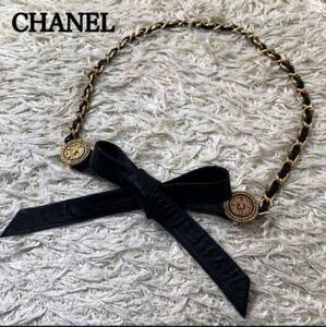  1円〜【希少】 CHANEL シャネル リボン チェーン ベルト ココマーク レザー 黒 ブラック ゴールド ヴィンテージ ビンテージ アクセサリー