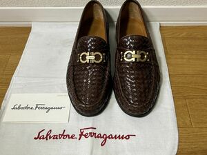 【希少】90's Salvatore Ferragamo フェラガモ ビットローファー 7 E E / 25.0㎝ ブラウン 編み込み ガンチーニ イタリア製 革靴