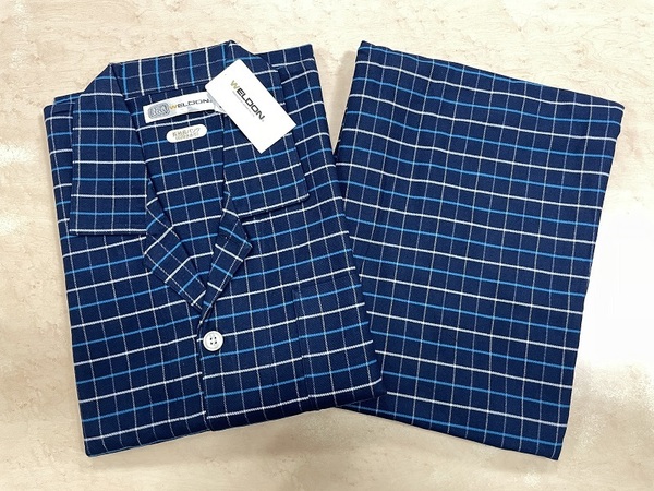 WELDON メンズパジャマ L寸 綿１００％ 秋冬用パジャマ紺チェック（厚み中）