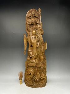 香) 仏教美術 木彫 観音菩薩像 高さ約64cm般若心経 仏像 水上観音 極上細密造 木製 置物 アンティーク 和風オブジェ 飾り 大きいインテリア