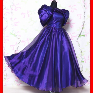 カラードレス　ロングドレス　大きなリボン　光沢　オーガンジー　パーティードレス　発表会　舞台衣装