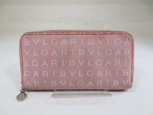 ◆【BVLGARI　ブルガリ】　ラウンドファスナー長財布　ロゴマニア　キャンバス地　ピンク系