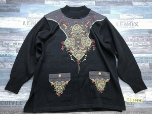 NOW レディース 花刺繍・ビジュー付き ハイネック ウール混アクリルニットセーター 大きいサイズ LL 黒