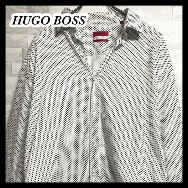 【HUGO BOSS】ヒューゴボス 総柄長袖シャツ　三角柄　白　スリムフィット　メンズ　Lサイズ　トルコ製　三角柄　長袖シャツ