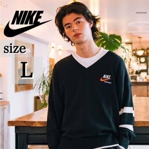 定価18,150円 新品未使用 NIKE Lサイズ ナイキ トレンド セーター ビンテージ 厚手 ニット Vネック 刺繍ロゴ ブラック 黒 白 正規品