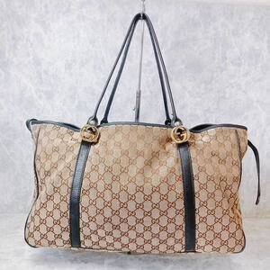 1円 美品 GUCCI グッチ ツインズ トートバッグ ハンドバッグ GGキャンバス レザー ブラック