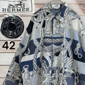 ☆入手困難☆HERMES エルメス チェーン総柄 ドレスシャツ コレクション着用モデル 42 ブルー セリエボタン メタルボタン 長袖 青 総柄