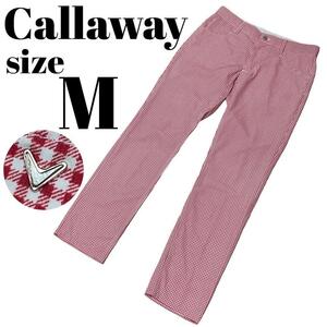 【GOLFウェア】Callaway キャロウェイ ギンガムチェック パンツ ゴルフ ロゴ プレート ピンク Mサイズ メンズ