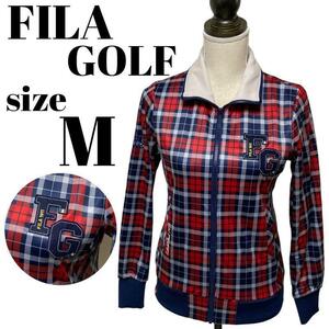 【GOLFウェア】FILA GOLF フィラゴルフ ジャケット ブルゾン チェック柄 長袖 フェルトワッペン 刺繍 裏起毛 ロゴ アウター Mサイズ