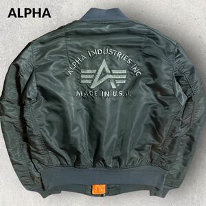 ALPHA INDUSTRIES 90s USA製 ビンテージ バッグ刺繍 リバーシブル MA-1 フライトジャケット アーチロゴ Mサイズ セージグリーン 