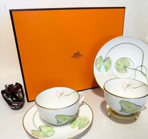 未使用展示品！HERMES　エルメス　ナイル　カップ＆ソーサー　2客　ペア　蓮の葉　廃盤品　元箱あり