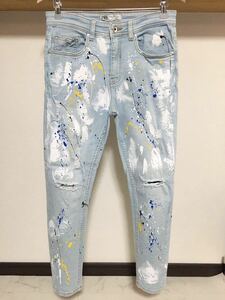 伸縮性抜群 春夏用 ペイント ZARA MAN ウルトラ ストレッチ スキニー 送料230円 38 30 ダメージ デニム メンズ パンツ ジーンズ ブルー 青