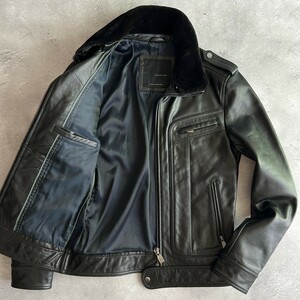 【激渋】 BLACK TAG by ZARA MAN ザラ / 水牛 牛革 ボア付き シングル ライダース ジャケット 革ジャン メンズ S (M程度) 黒 本革 レザー