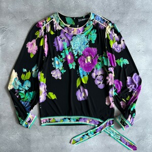 美品 貴重 フランス製 LEONARD FASHION レオナール シルクリボン 長袖 ブラウス レディース 9R (M) 黒 花柄 フラワー プリント トップス