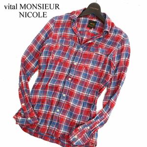 vital MONSIEUR NICOLE ムッシュ ニコル 襟ワイヤー★ 麻混 リネン混 長袖 ワーク チェック シャツ Sz.46　メンズ 赤 × 紺　C3T09607_A#A