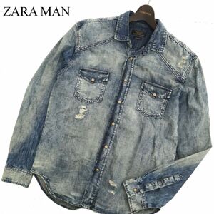 ZARA MAN ザラ マン 通年 SLIM FIT ダメージ加工★ 長袖 ウエスタン デニム シャツ Sz.L　メンズ　C3T09901_B#C