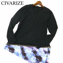 CIVARIZE シヴァーライズ 長袖 Uネック ジップ 花柄切替 アシンメトリー カットソー ロンTシャツ Sz.44　メンズ 黒 日本製　C3T09666_A#F_画像1