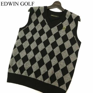 EDWIN GOLF エドウィン ゴルフ 秋冬 ロゴパッチ刺繍★ Vネック アーガイル柄 ニット ベスト Sz.L　メンズ　C3T09680_A#N