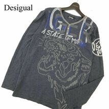 Desigual デシグアル デザイン刺繍 タイガー プリント★ 長袖 ヘンリーネック カットソー Tシャツ Sz.XXL　メンズ 大きい　C3T09762_A#F_画像1