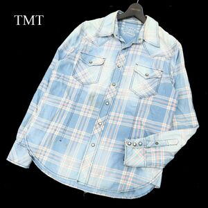 TMT ティーエムティー ビッグホリデー 通年 長袖 ウエスタン チェック USED加工★ デニム シャツ Sz.L　メンズ 日本製　C3T09510_A#C