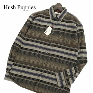 【新品 未使用】 Hush Puppies ハッシュパピー 犬刺繍★ マルチボーダー 長袖 ボタンダウン ネル シャツ Sz.L　メンズ 灰　C3T09830_B#B