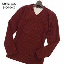 MORGAN HOMME モルガン オム 秋冬 長袖 Vネック ストレッチ ニット カットソー Sz.XL　メンズ 赤 大きいサイズ　C3T10181_B#E_画像1